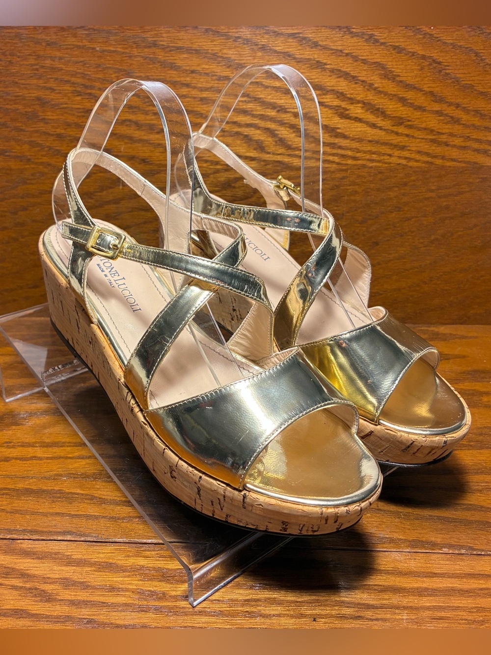 Gastone Lucioli ITALY MADE Metallic Gold Cork Platform Wedge Sandals EU40 US 9.5